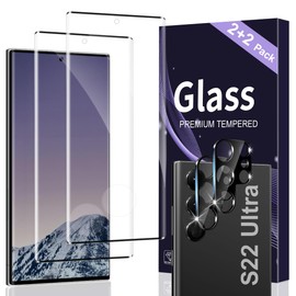 2+2 Pack Galaxy S22 Ultra Glass Screen Protector Camera Lens Protector 3D Curved Tempered Glass Protective Film With Clear Image Quality Easy Installation No Bubbles For Galaxy S22 Ultra 6.8 Inch