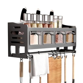 Spice Rack with Spice Boxes, Kitchen Shelf Wall with Kitchen Roll Holder and Hooks, Carbon Steel Spice Rack, Hanging Spice Organiser for Kitchen, Worktop, Cabinet (with 4 Spice Box)