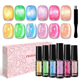 TWOEIGHT Rainbow Magnetic Cat Eye Gel Nail Polish Set 8ml*6 with 1Magnets Spring Summer Pink Green Blue Translucent Nail Salon DIY at Home Sparkle Stunning Gel Polish Gift for Women