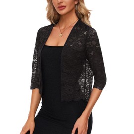 MINTLIMIT Open Front Cardigan Women Lace Bolero Jackets 3/4 Sleeve Shrugs Casual Elegant (Black L)