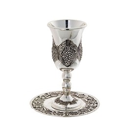 Magnificent Tall Kiddush Cup with Grape Design and Coaster