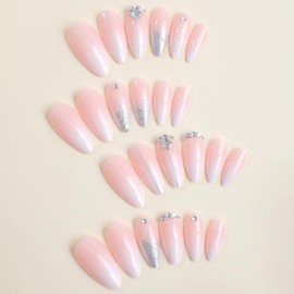 Almond French Tip Press on Nails Long Rhinestones False Nail Artificial Acrylic Fingernails Silver Glitter Powder Design Fake Nail 24Pcs Full Cover Reusable Coffin Glue on Nails for Women Supplies