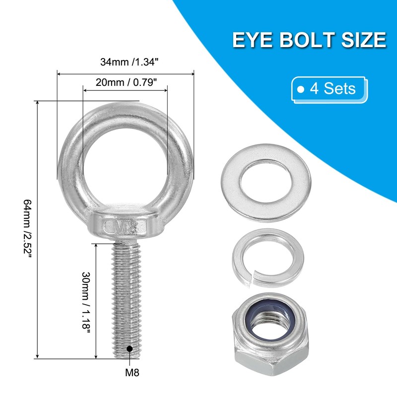 PATIKIL M8 x 30mm Eye Bolt with Nut, 4 Pack