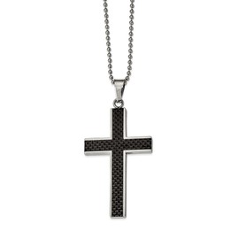 Solid Stainless Steel Men's Black Carbon Fiber Inlay Cross 22in Pendant Necklace Charm Chain 22"