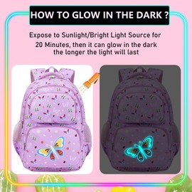 AUIVTY Girls Backpack with Lunch Box Glow in Dark Butterfly Bookbag Teens Ages 4-12 Kindergarten Elementary Middle School Butterfly Backpack, Luminous Butterfly Purple