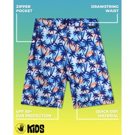 Body Glove Boys Swim Trunks - UPF 50+ Quick Dry Boys Swim Board Shorts Bathing Suit Kids Swimwear with Pockets (Sizes: 8-16), Navy Orange Palm Trees, 10-12