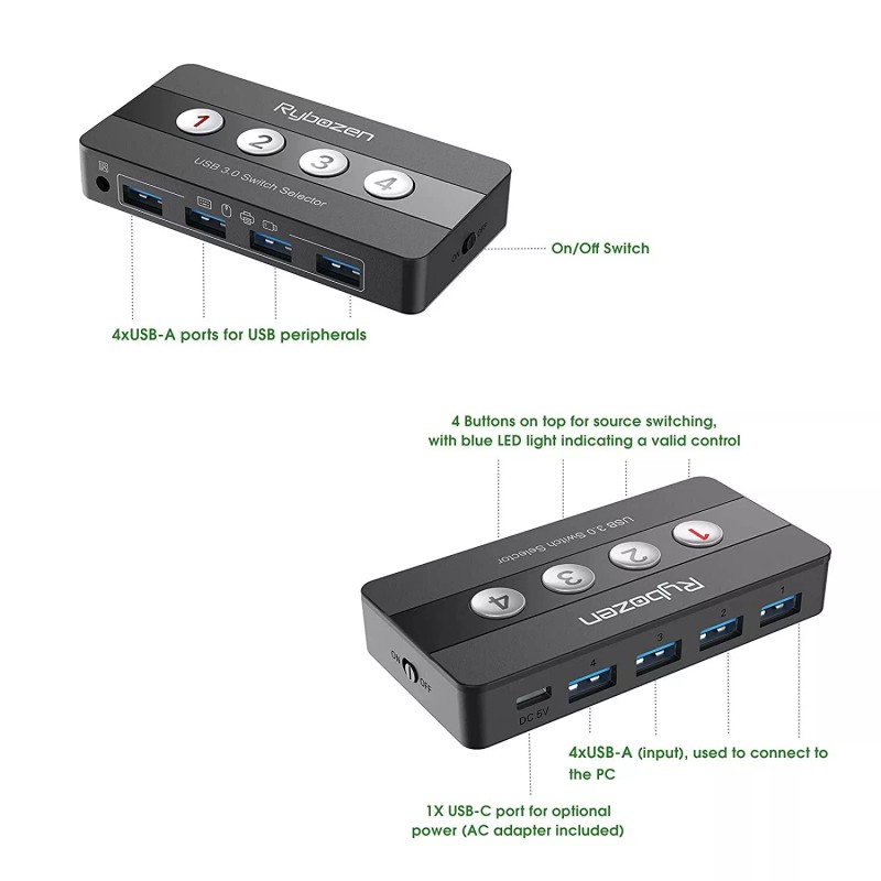 Rybozen USB 3.0 Switch Selector, 4 Port KVM Switches USB