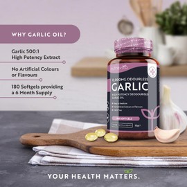 Premium Garlic Capsules - Odourless High Strength 15,000mg - 180 Soft Gel Capsules of Deodourised Cold Pressed Garlic Oil from Allium Sativum – 6 Month Supply - Made in The UK by Nutravita