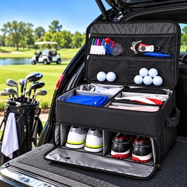 Golf Trunk Organizer With Shoe Storage, Multi-Compartment Car Storage Box Golf Accessories-A00E
