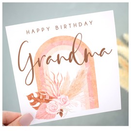 Happy Birthday GRANDMA Card. Neutral Dried Pampas Flowers & Rainbow Arch. Nude Pink Beige. Square Modern Greeting Card