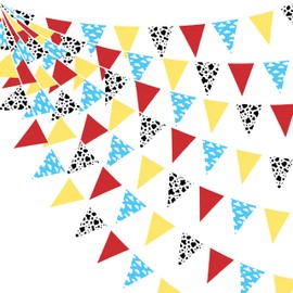 32Ft Cartoon Story Party Decorations Red Blue Yellow Toy Themed Story Pennant Banner Flag Cow and Cloud Printed Triangle Fabric Streamer Garland for Kids Birthday Baby Shower Outdoor Garden Supplies