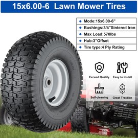 15x6.00-6 Lawn Mower Tires, 4 Ply Tubeless Lawn Mower Tires 15x6x6, Front Lawn Tractor Tires, 3” Offset Hub Long with 3/4” Bushings Garden Tire for Riding Lawn Mower by Cubesprings -1Pack