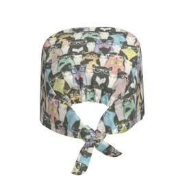 Fashion Cute Cat Glasses Working Cap Scrub Cap with Sweatband Adjustable Unisex Women Tie Back Hat Nurse Surgical Caps