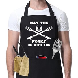 SAIONJI May The Forks Be With You Funny Apron – Adjustable, Polyester Kitchen Apron with Pockets for Cooking, Grilling – Ideal Gift for Food Lovers