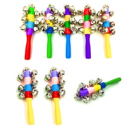 Vokowin 8pcs Wooden Jingle Hand Bells Rattles Jingle Bells Instrument, Handheld Sleigh Bells Christmas Handheld Call Bell Wood Hand Rattle Sticks Gifts for Party (Random Color) (K337-8)