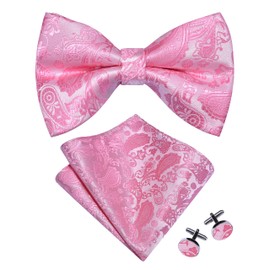 GUSLESON Mens Pink Bow Tie Pocket Square Set for Wedding Pre-Tied Silk Paisley Bowties Handkerchief Cufflinks for Party (0497-26)