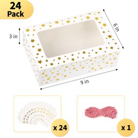 Ocmoiy Ocmoiy 24 PCS Christmas Cookie Boxes for Gift Giving, 9x6x3 Inch Golden Star Treat Boxes with Window, Auto-Popup White Bakery Box for Chocolate Covered Strawberries, Dessert, Cupcake, Pastry Packaging