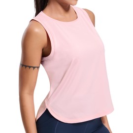 MIER Athletic Tank Tops for Women Loose Fit Workout Polyester Sleeveless Quick Dry Gym Muscle Tee Shirts, Light Pink, L