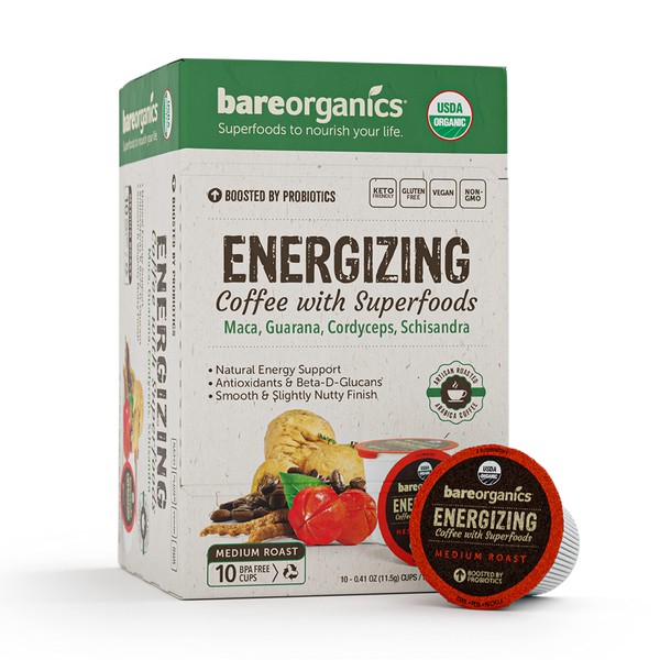 BareOrganics 13214 ENERGIZING USDA Organic Coffee Infused with Superfoods & Probiotics, Organic Coffee Pods, Keurig K-Cup Compatible Organic Coffee Pods, Vegan, Gluten Free, 10 Single Serve Cups