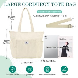 VX VONXURY Tote Bag Cord Shoulder Bag Women's Medium Handbag Women with Zip Lightweight Shopper for Work University Shopping Black, beige corduro