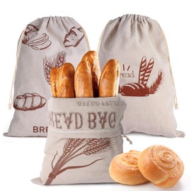 Pack of 3 Bread Bags, 40 x 30 cm Linen Bread Bags, Reusable Bread Bags to Keep Bread Fresh, Linen for Homemade Bread with Drawstring