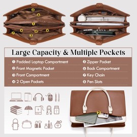 RAINSMORE Laptop Bag for Women 15.6 Inch Waterproof PU Leather Work Tote Bags Large Laptop Purse for Women Professional Womens Briefcase Computer Bags for Business Office Teacher, Brown & White