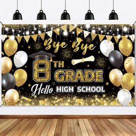 Ushinemi 8th Grade Graduation Decorations, Bye Bye 8th Grade Hello High School Banner, 2025 Graduation Party Supplies, 6 x 3.6 ft