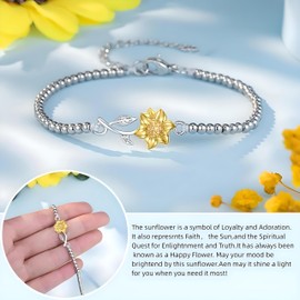 Sunflower Beaded Bracelet, Silver Chain with Gold Flower Charm, Inspirational Jewelry Gift, Adjustable, Stainless Steel, Cubic Zirconia