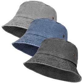 3Pcs Washed Cotton Bucket Hats for Women and Men,Fishing Hat Pack Summer Travel Beach Sun Hat Outdoor. (Black+Blue+Gray)