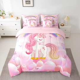Erosebridal 7 Pcs Comforter Set Twin,Cute Rainbow Unicorn Bed in a Bag with Flat Sheet and Fitted Sheet for Kids Teens,Cartoon Kawaii Cute Pink Unicorn Stars Bedding Set with Pillowcase and Sham