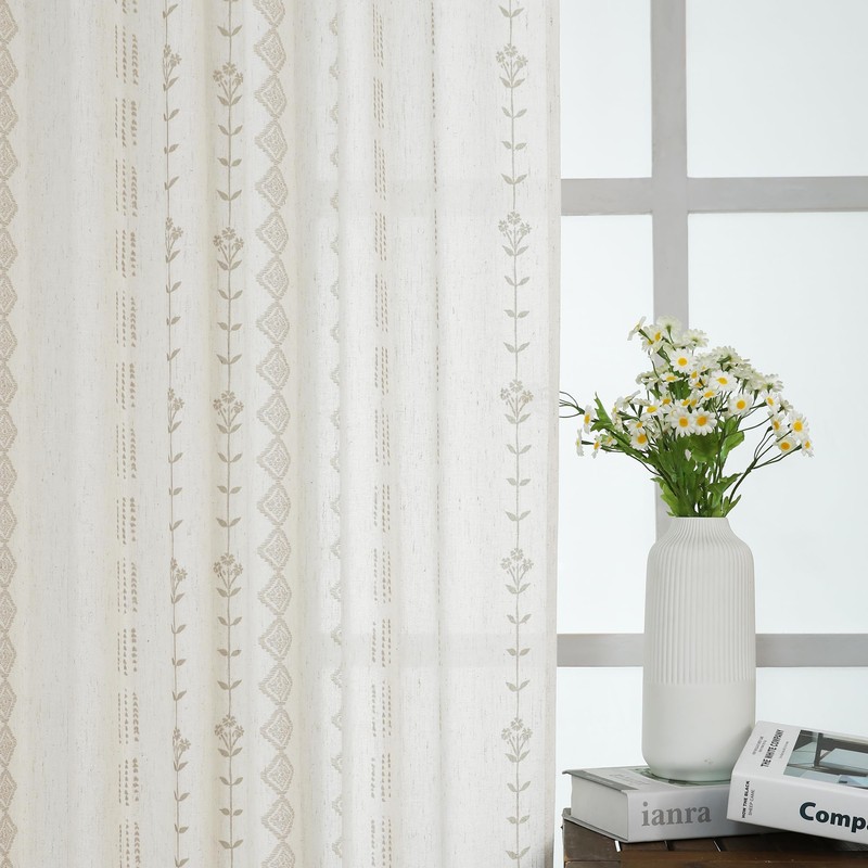 60 Inch Curtains Length,Linen Sheer Boho Farmhouse Floral Printed Pleated