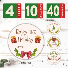 2” Merry Christmas Sticker Set - 40 Pcs Holiday Self-Adhesive Label for Christmas Gift Wrapping, 4 Different Designs Gift Tag for Goodie Bags, Party Supplies - C02