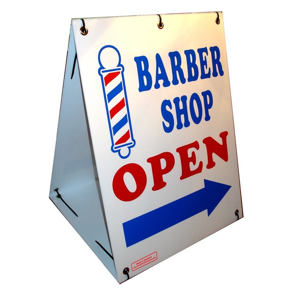 VIBE INK BARBER SHOP OPEN w/ Directional Left/ Right Arrow 2-Sided 18" x 24" Red and Blue - White Plastic - A Frame - Sandwich Board Sign Kit Grommets - Zip Ties are Included! MADE IN THE USA