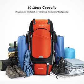 HOMIEE 50L Hiking Backpack Travel Bag Waterproof Camping Backpack with Rain Cover Lightweight Backpacking Backpack Rucksack (Orange)