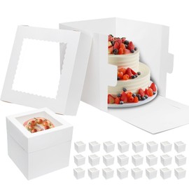 Mefleet 25pcs Tall Cake Boxes 12x12x12 Bakery Boxes for Tier Cakes with Window 12 Inch White Large Cardboard Bakery Take Out Carrier Containers with Lids for Wedding, Birthday, Party