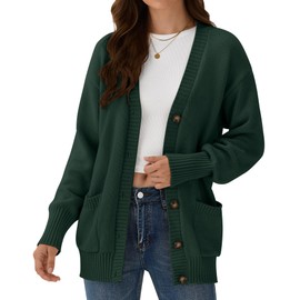 ZAFUL Womens Fall 2025 Trendy Cardigan Sweaters Fashion Chunky Open Front Button Down Knit Coats Long Sleeve V Neck Clothing Cotton Casual Winter Outfits with Pockets Green Christmas Day Medium