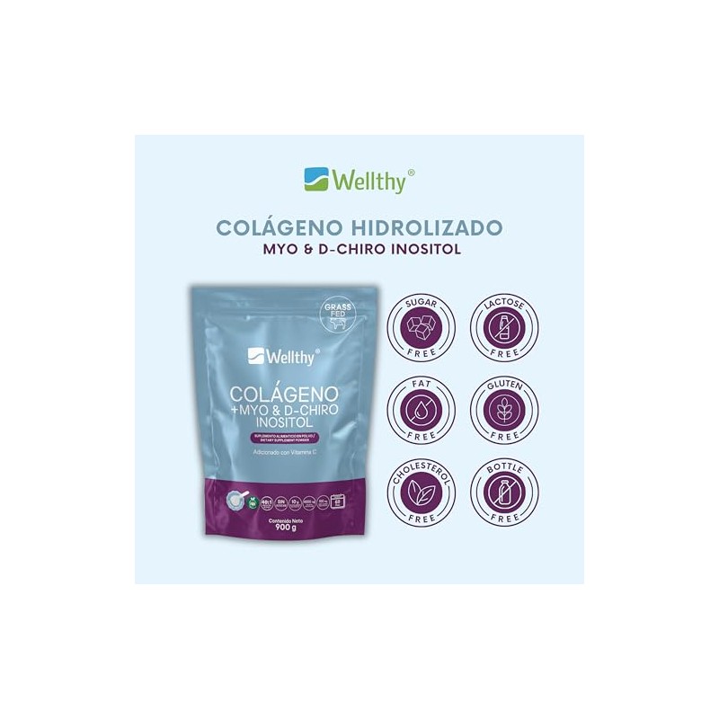 Wellthy Colageno Hidrolizado Myo Chiro Inositol 900g Ratio Azúcar Scoop