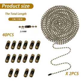 2 Pcs 120 Inches Ceiling Fan Pull Chain Chains Metal Light Extension with 40 Connectors 2.4 Mm Ball Bead for Pulls Fixture DIY Crafts Beaded Curtain Tag Rings Necklace (Bronze, 120in)
