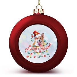 DOREENABE Watercolor Dog Santa Hat Ball Ornament - Dog Wearing A Christmas Hat with String Lights Christmas Ornaments Keepsake Souvenir for Christmas Tree Seasonal Holiday Decoration