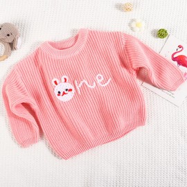 1st First Birthday Outfit Girl Boy One Sweater Cotton Embroidery Knit Pullover Fall Winter Clothes with Baby Gift Bag, Pink Rabbit, 12 Months