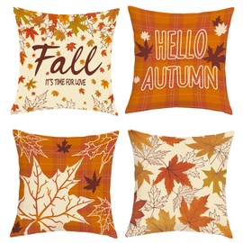Joymaison Cushion Covers 45 x 45 cm Set of 4 Autumn Maple Leaves Decorative Cushion Cover Orange Plaid Hello Autumn Leaves Decorative Cushion Cover for Sofa Couch Bedroom Living Room