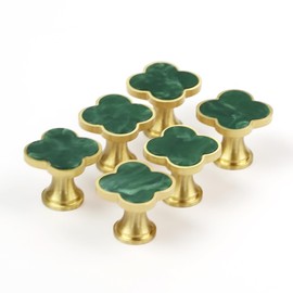 EVERGD 6/9pcs 28mm Four-Leaf Brass Gold Clover Knobs Cabinet Door Knobs Drawer Pulls with Screws, Handle Brushed Brass Dresser Drawer Pulls Handles Coat Hook Single Hole (Dark Green, 6)