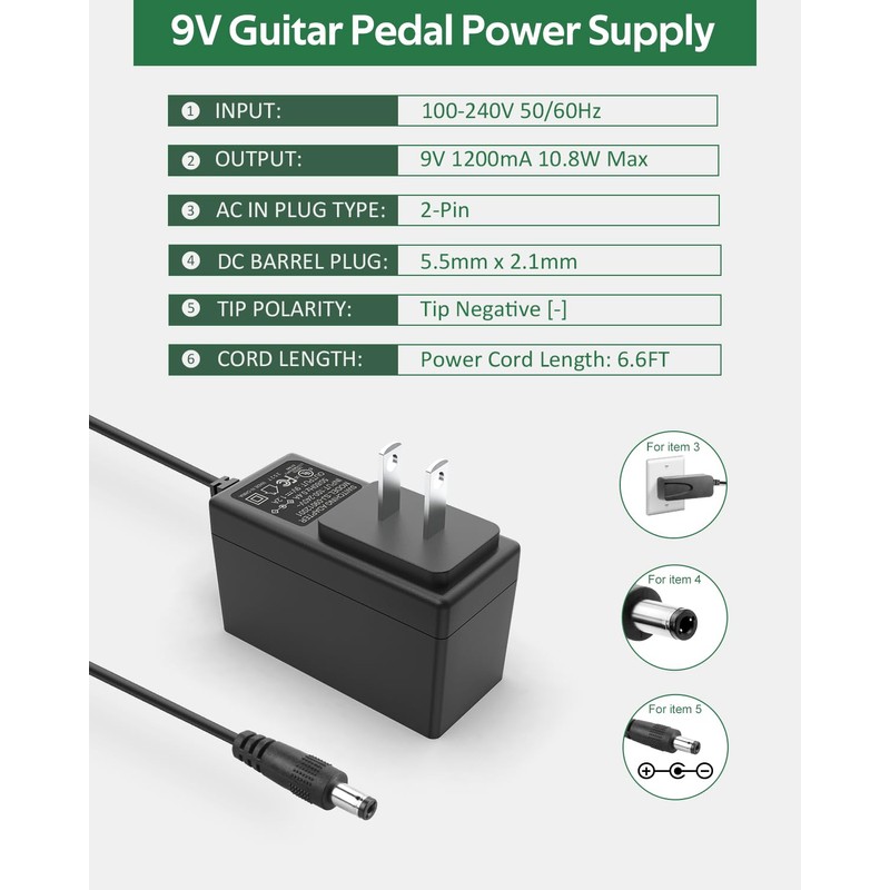 Guitar Pedal Power Supply, 9V 1.2A, DC Power Cord Tip