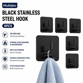Mulbijeo Ganci Adesivi, 6 Pezzi, Accessori Bagno, Acciaio Inox Nero, Accessori Bagno Senza Forare, Extra Forte & Impermeabile E Antiruggine, Appendiabiti da Muro, Per Diversi Ambienti