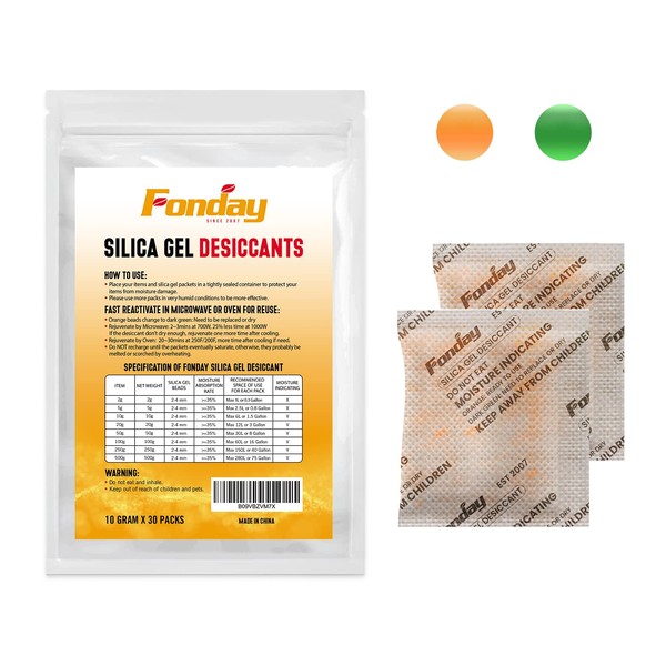 10g x 30pcs Rechargeable Silica Gel Desiccant Packets Fonday Food Grade Quick Reactivation Desiccant Bag Moisture Indicator Orange to Green