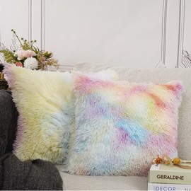 YOUR SMILE Pack of 2, Decorative New Luxury Series Colourful Faux Fur Fluffy Throw Pillow Case Fuzzy Cushion Cover(18''x18'',Pink)
