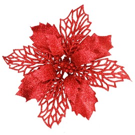 24 Pcs Christmas Red Glittered Mesh Holly Leaf Artificial Poinsettia Flowers Picks Tree Ornaments 5.9" W for Red Christmas Tree Wreath Garland Floral Gift Winter Wedding Holiday Decoration