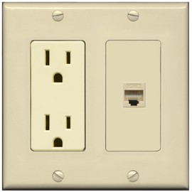 RiteAV - 15 Amp Power Outlet and 1 Port Cat5e Ethernet Decorative Type Wall Plate - Ivory