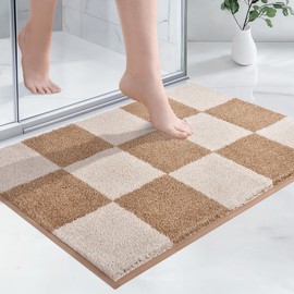 PURRUGS Machine Washable Matting Free Bathroom Rug 24" x 36", Non-Slip Dense Pile Bath Mat, Super Absorbent and Quick-Dry Bath Rug for Shower, Bathtub, and Sink, Beige & Grayish Brown