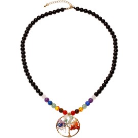 Wizock Reiki 7 Chakra Obsidian Beaded Necklace Protection Tree of Life Pendant Necklaces for Women Yoga Meditation Jewelry Relaxation Gifts